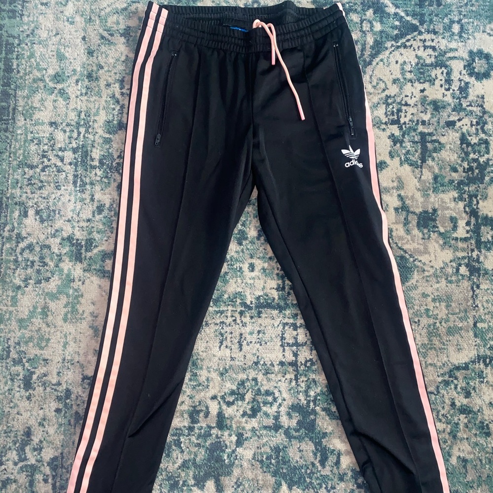 Black ADIDAS Track Pants with light pink stripes
